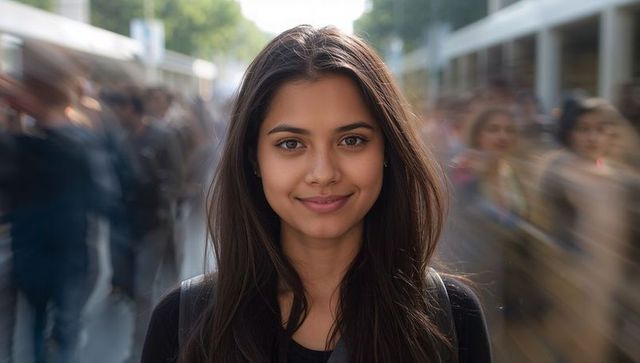 Young woman standing confident among rushing crowd on tree-lined urban walkway, portrait