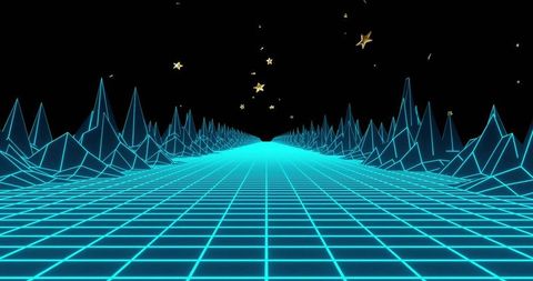 Glowing neon grid road leading to wireframe peaks under starry retro futurism sky retrowave