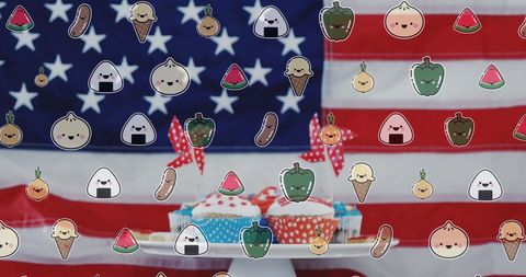 Cupcakes with American Flag Background and Cartoon Food Icons