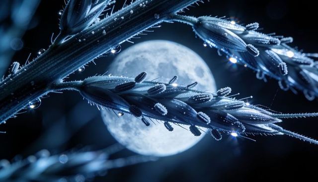 Moonlight bathing dew-covered grass seed heads macro with glowing bokeh