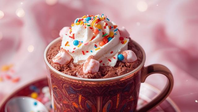 Colorful Hot Chocolate Delight with Whipped Cream Topping