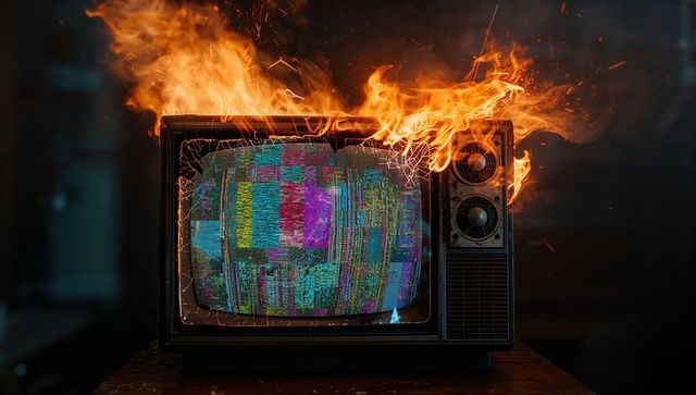 Vintage crt tv on fire with static glitch screen