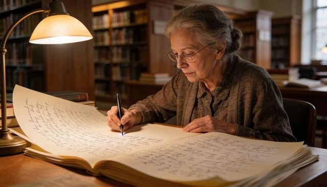 Senior woman writing in oversized ledger in historic library under warm desk lamp