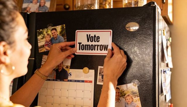 Woman attaching vote tomorrow magnet to refrigerator with family photos and calendar