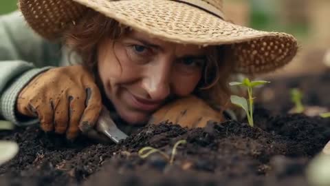 Gardener Nurturing Sprout in Sustainable Garden