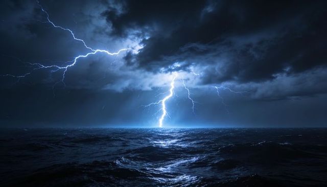 Night ocean lightning striking over turbulent sea with dramatic storm clouds
