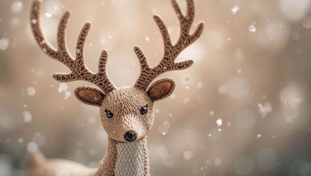 Handmade knit reindeer ornament with patterned antlers and button eyes glowing in snow