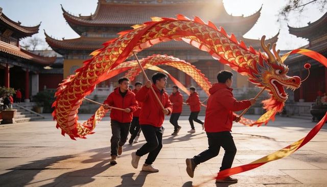 Dragon dance troupe performing in temple courtyard at sunrise