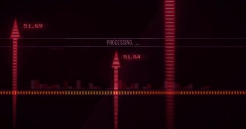 Glowing Red Upward Arrow HUD With Orange Timeline and Data Metrics Dashboard Visualization