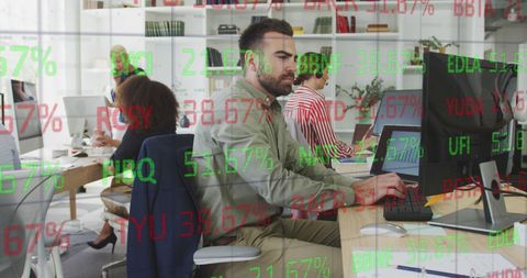 Business Office with Financial Data Overlay