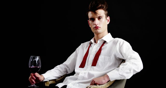 Depiction of a young man sitting confidently and holding a wine glass, dressed in a white shirt with an undone bowtie. The dark background contrasts with his outfit, enhancing the stylish and relaxed mood. Useful for promotional material, fashion advertising, lifestyle blogs, and social media content focused on elegance and sophistication.