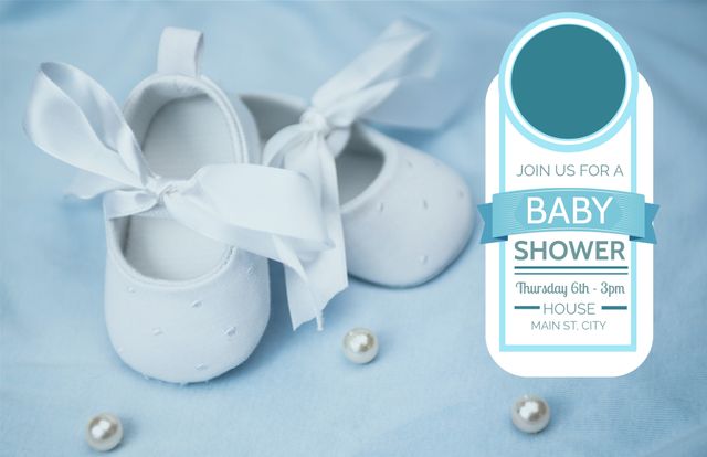 Ideal for baby showers, this invitation features adorable white baby shoes with blue ribbon accents. It includes details of the event, making it perfect for expectant parents. The elegant yet minimalist design with pearls adds a touch of sophistication, suitable for celebrating the upcoming birth of a child. This template can be easily customized for printing or sending digitally.