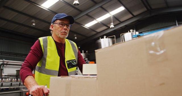 Senior Warehouse Worker Pushing Cart with Boxes - Download Free Stock Images Pikwizard.com