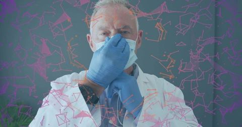 Senior doctor in lab coat adjusting mask with gloved hands