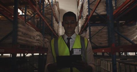 Inspector using tablet in warehouse aisle wearing hi-vis vest checking inventory racking