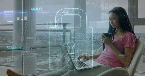 Digital security and data processing with woman on laptop