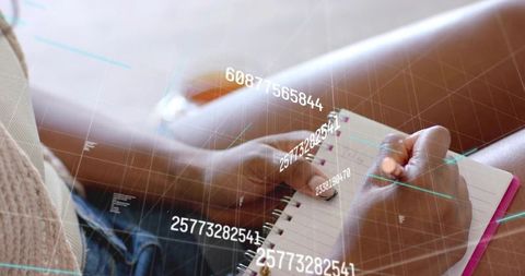 Woman Taking Notes in Living Room with Digital Overlay Effect