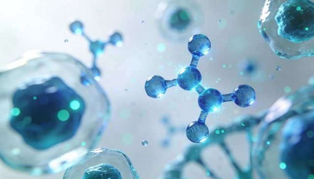 Glossy blue tetrahedral molecule illustrating nanoscale science, cellular spheres and DNA