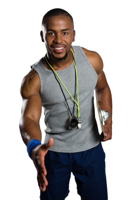 Portrait of male trainer extending arm for handshake while standing against white background
