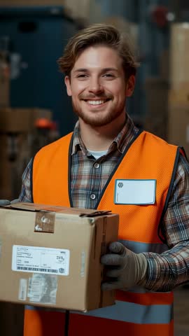 Smiling warehouse worker lowering gaze and reading shipping label while holding package