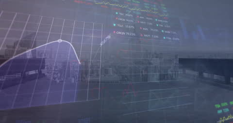 Financial Data Analytics Overlaid on Cityscape Background