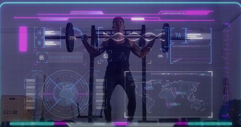Futuristic Fitness Concept with Man Lifting Weights and Virtual Interface