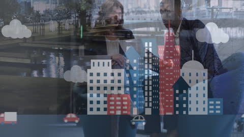 Business Collaboration in Modern Office with Technology Overlay