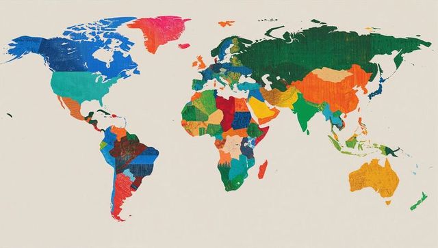 Colorful textured world map illustration with patchwork countries on neutral background