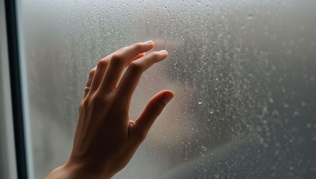 Pressing Hand Against Rain-Covered Window Showing Ring, Raindrops and Moody Closeup
