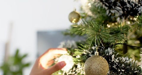 Hand Decorating Elegant Christmas Tree with Gold Baubles