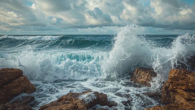 Dramatic Waves Crashing Against Rocky Coastline Under Cloud-Filled Sky