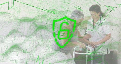 Nurse assisting senior woman with walker overlaid with green digital shield for health security