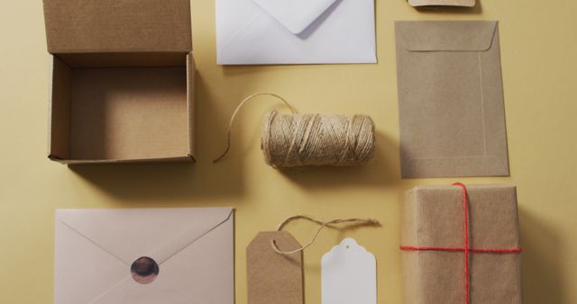 The photo showcases various craft packaging supplies laid out neatly on a beige background. Items include cardboard boxes, envelopes, a spool of twine, and gift tags in different colors and shapes. This arrangement is perfect for illustrating concepts related to DIY projects, crafting, and eco-friendly packaging. It can be used for blogs or articles about sustainable packaging, online stores that offer crafting supplies, or instructional content for creative DIY enthusiasts.