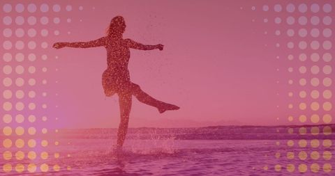 Woman Enjoying Water at Sunset with Abstract Overlay