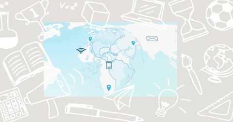 World Map Surrounded by Icons Depicting Global Connectivity