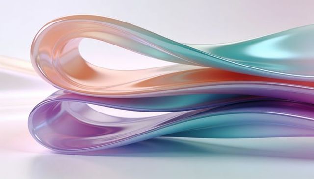 Pearly pastel glass ribbons looping reflective sculpture with teal peach gradient