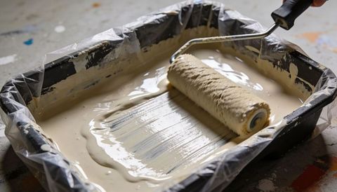 Rolling beige primer with paint roller in plastic-lined tray on workshop bench