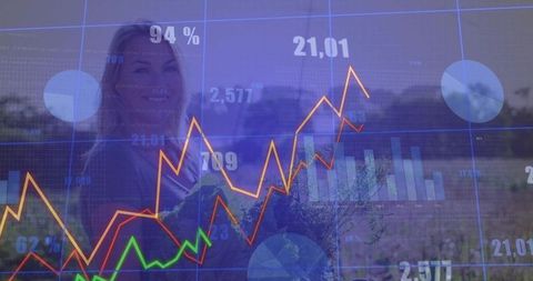 Businesswoman in nature with financial graph overlays