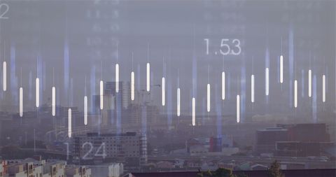Financial Data Overlay on Urban Skyline Symbolizing Economic Growth