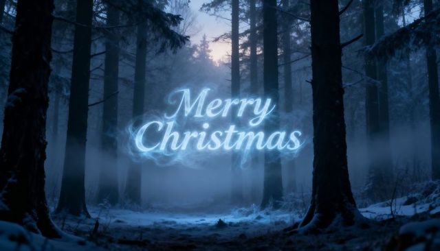 Glowing Merry Christmas Cursive Text Floating Over Snowy Twilight Forest Mist