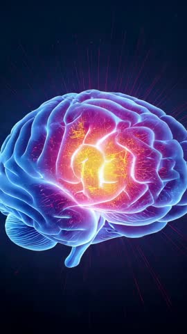 Rotating 3D brain with pulsing glowing core vertical futuristic neuroscience animation