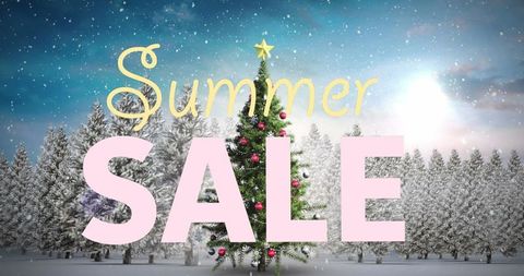 Summer Sale Text Over Festive Christmas Tree in Snowy Forest