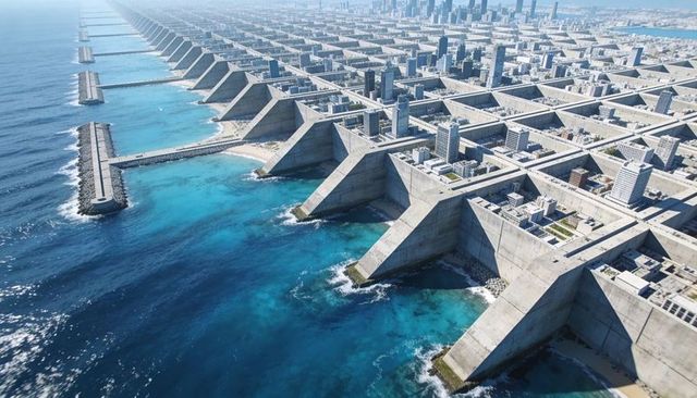 Modular triangular seawalls creating geometric harbor grid with turquoise ocean channels