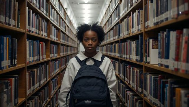 Student standing in narrow library aisle with navy backpack and focused expression