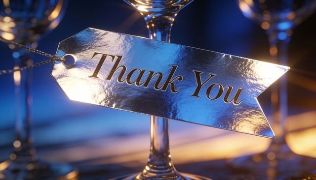 Shimmering metallic thank you tag hanging on wine glass stem at elegant banquet table