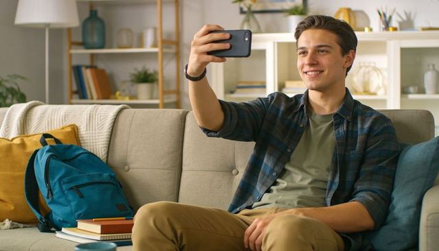 Smiling teenage male taking selfie on sofa in cozy living room with backpack and books