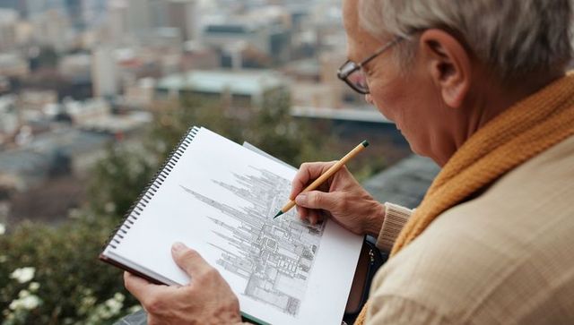 Senior man sketching cathedral and cityscape on spiral sketchbook at hilltop overlook