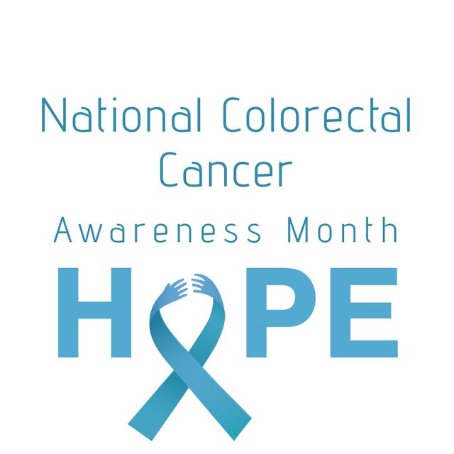Poster highlighting National Colorectal Cancer Awareness Month. Blue ribbon symbolizes support for those affected by colorectal cancer. Ideal for awareness campaigns, medical presentations, healthcare materials, social media, and educational purposes.