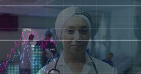 Female Doctor Analyzing Medical Data Trends with Smiling Confidence