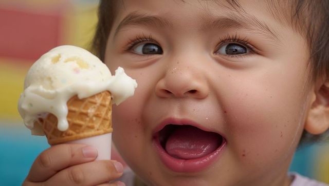 Joyful toddler tasting melting vanilla ice cream in waffle cone closeup portrait